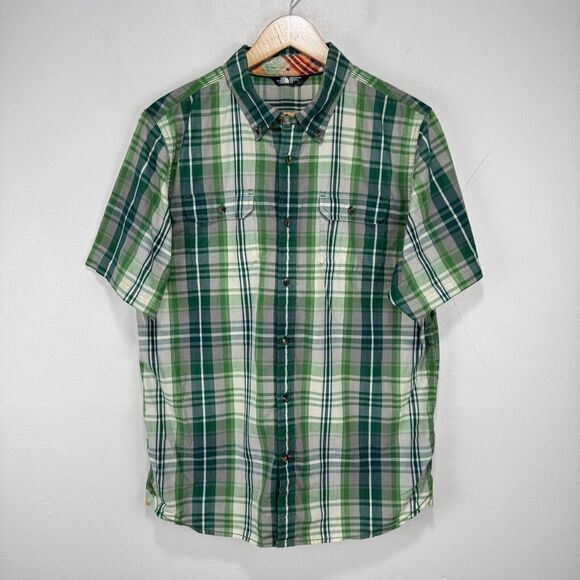 The North‎ Face Short Sleeve Delridge Button Shirt Men Large Green White Cotton - Picture 1 of 10